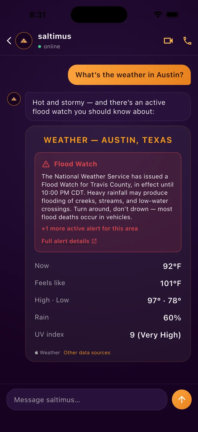 A weather card for Austin with an active Flood Watch safety banner and current conditions