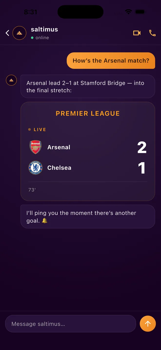 A live Premier League scoreboard card showing Arsenal 2, Chelsea 1 in the 73rd minute