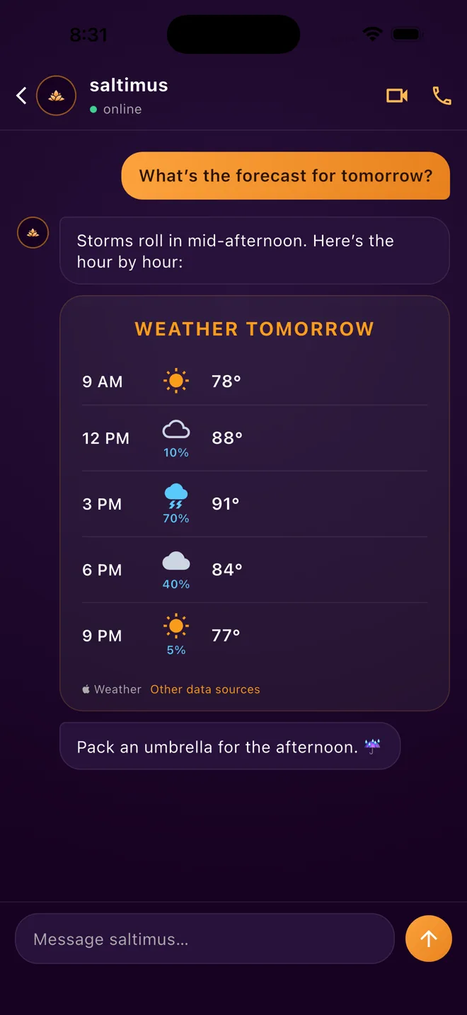 An hour-by-hour forecast card for tomorrow with temperatures and rain chances