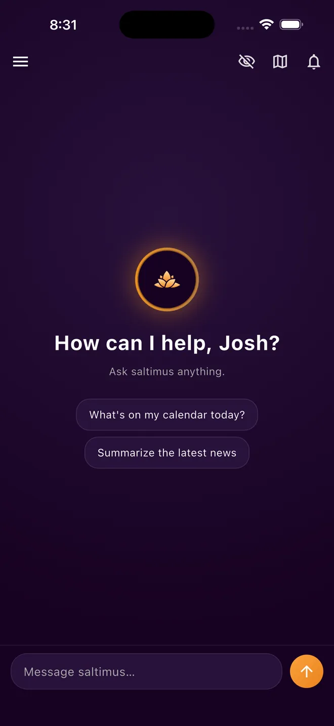 The assistant home screen asking How can I help, Josh? with quick prompts for calendar and news