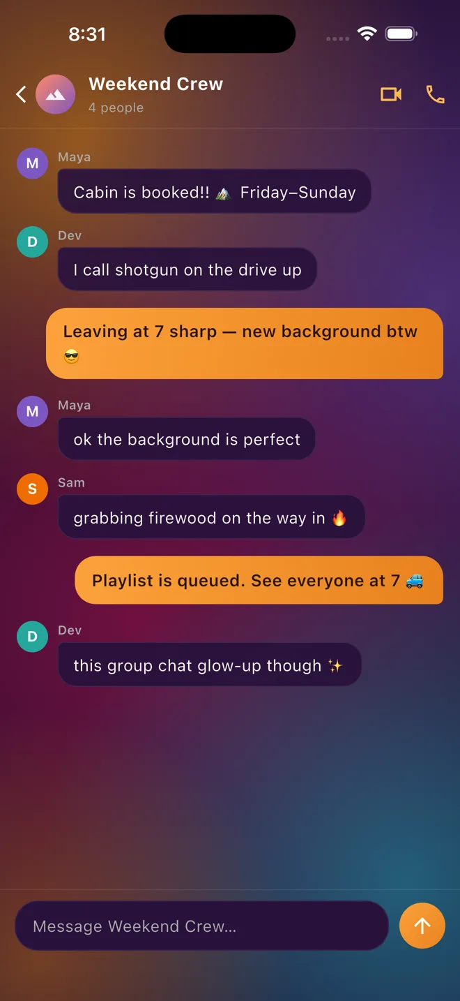 A group chat named Weekend Crew with a warm custom background, a mountain group icon, and amber message bubbles