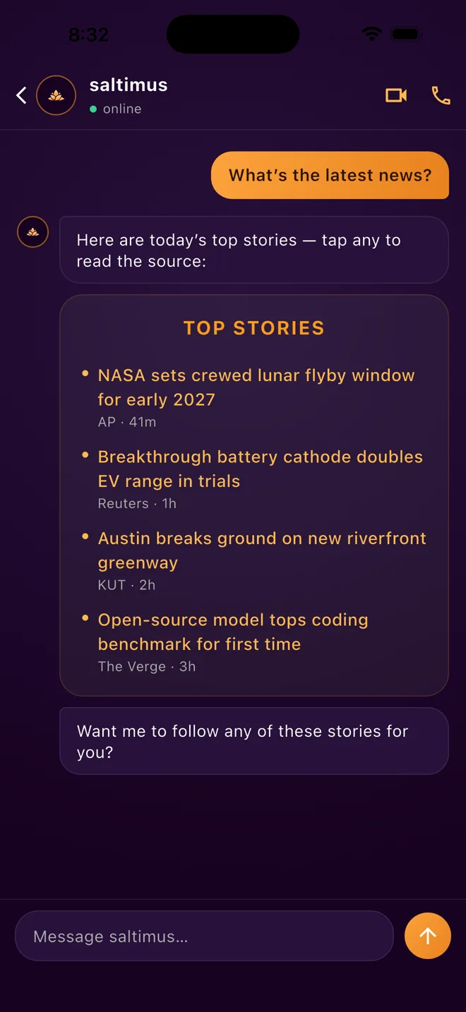 A chat where saltimus posts a Top Stories card; every headline is a tappable link to its source