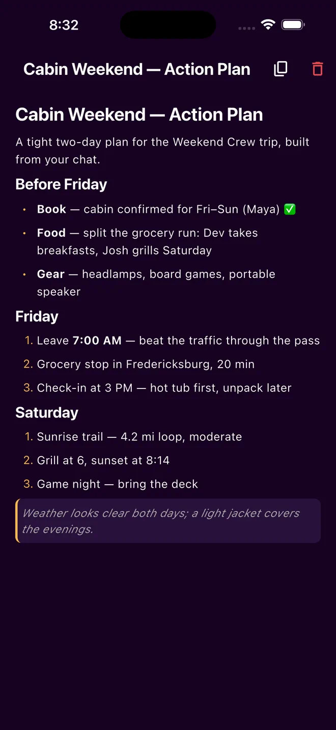 A saved plan titled Cabin Weekend Action Plan with sections for before Friday, Friday, and Saturday