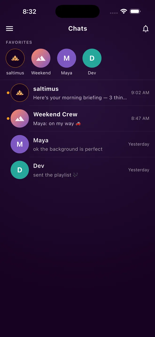 The Chats screen with a favorites row pinning saltimus, the Weekend Crew group, Maya, and Dev to the top