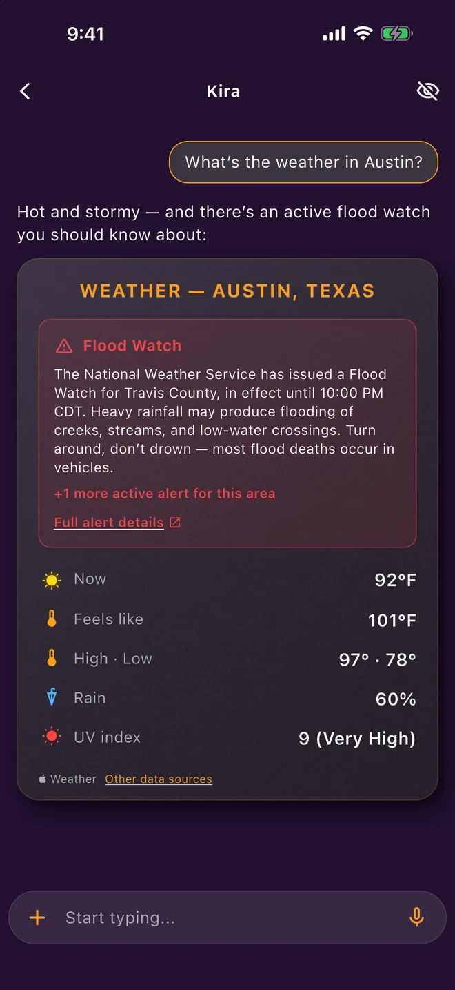 A weather card for Austin with an active Flood Watch safety banner and current conditions