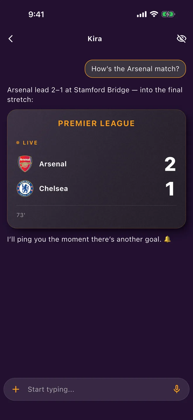 A live Premier League card from Kira: Arsenal 2, Chelsea 1 in the 73rd minute