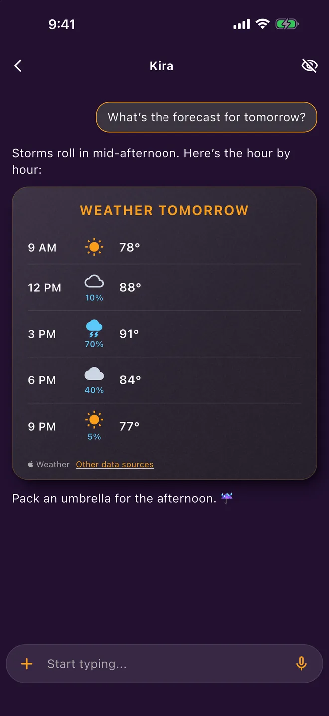 An hour-by-hour forecast card for tomorrow with temperatures and rain chances