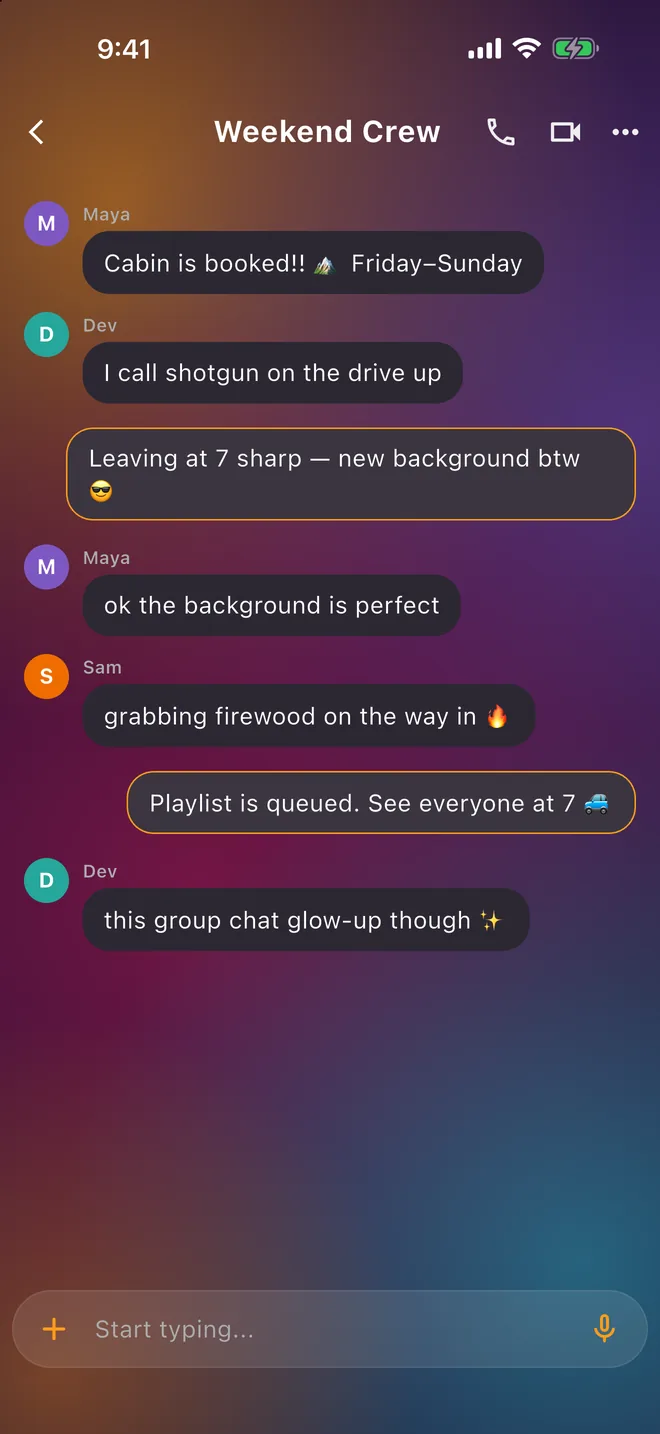 A group chat named Weekend Crew with a colourful custom background behind the messages