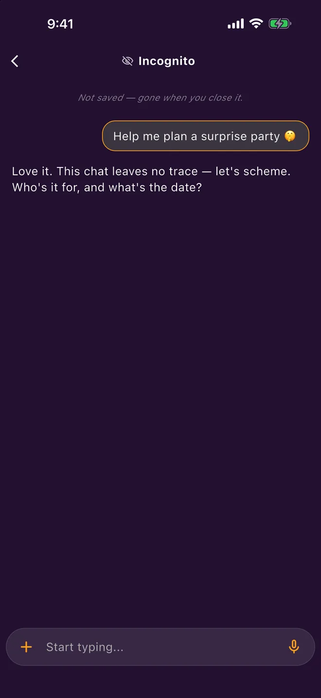 An incognito chat with Kira; the note at the top of the thread reads Not saved — gone when you close it