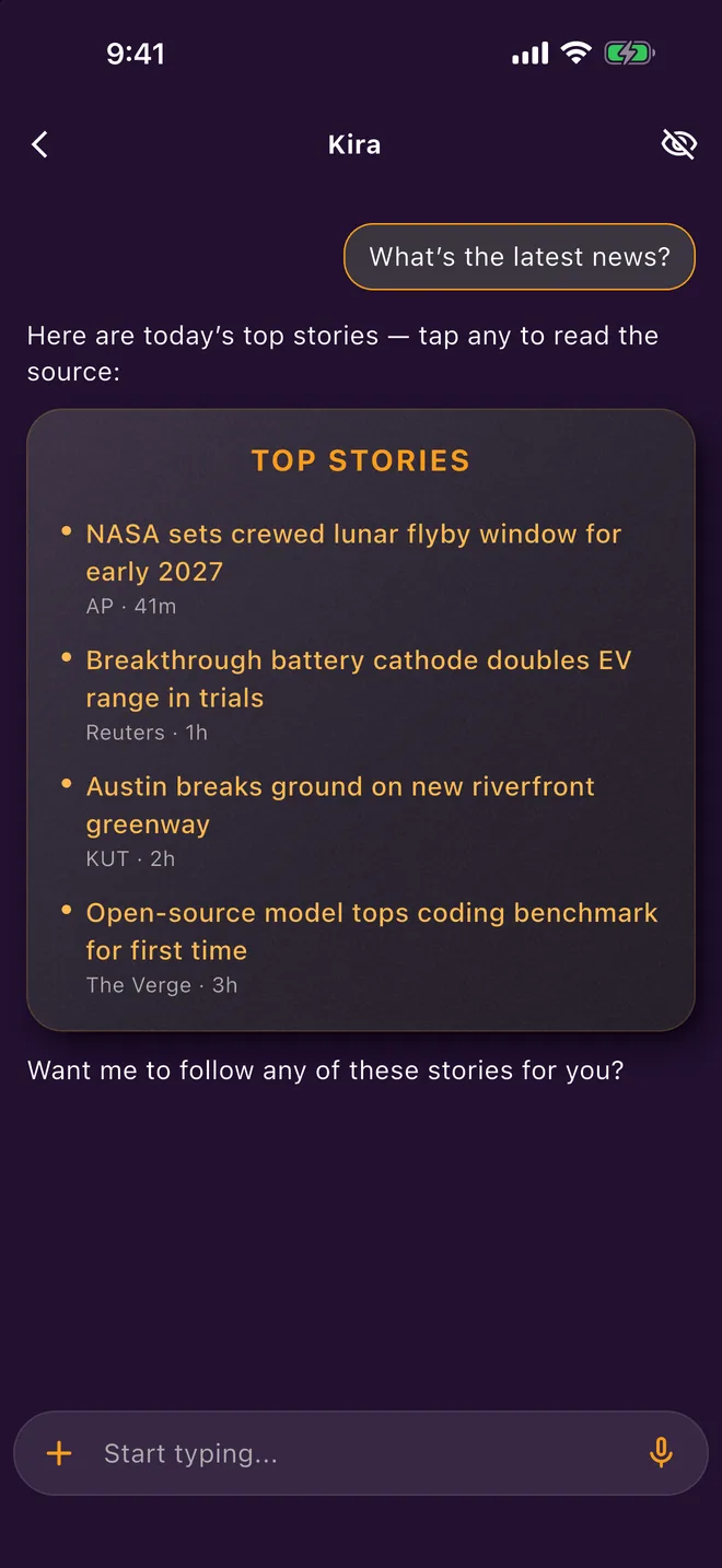 A chat where Kira posts a Top Stories card; every headline is a tappable link to its source