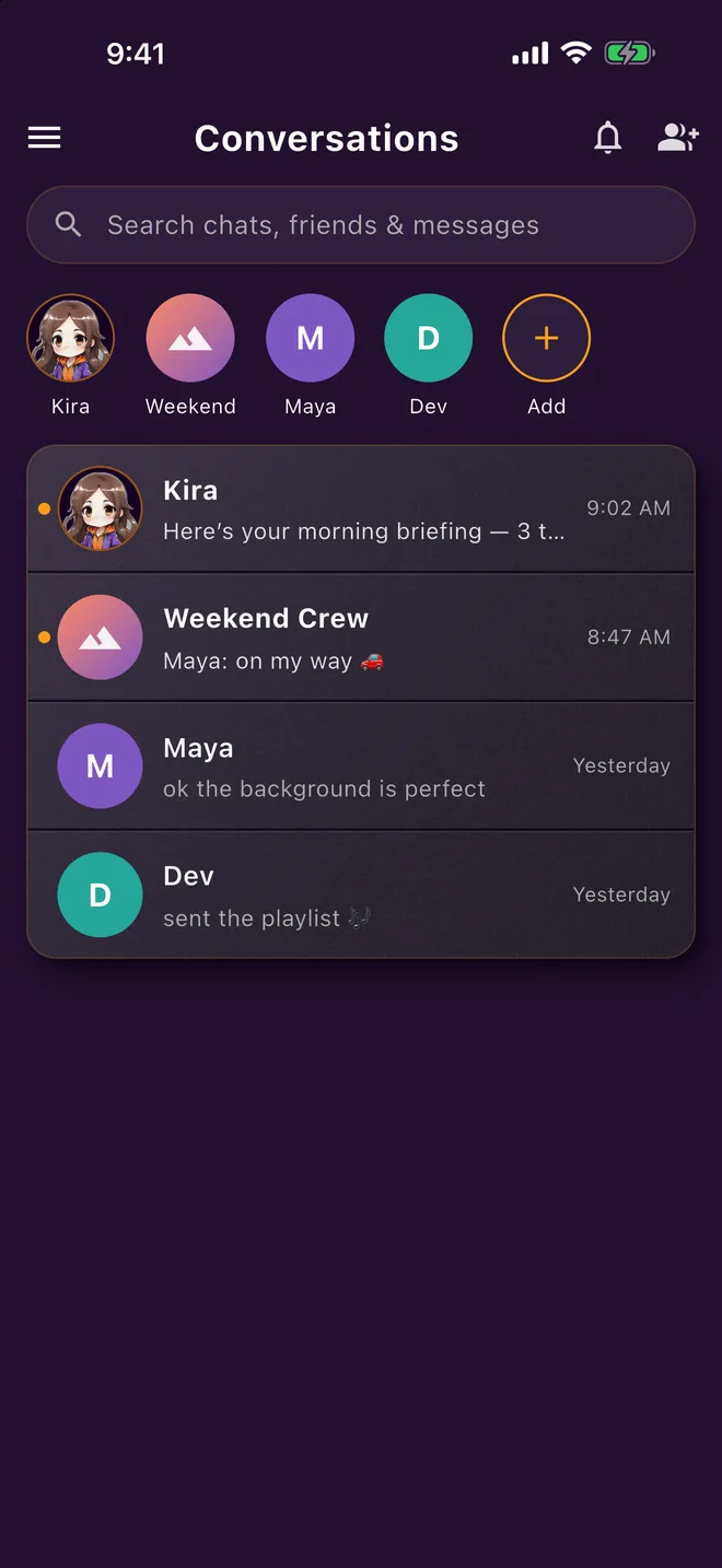The Conversations page with a favorites row pinning Kira, the Weekend Crew group, Maya and Dev to the top