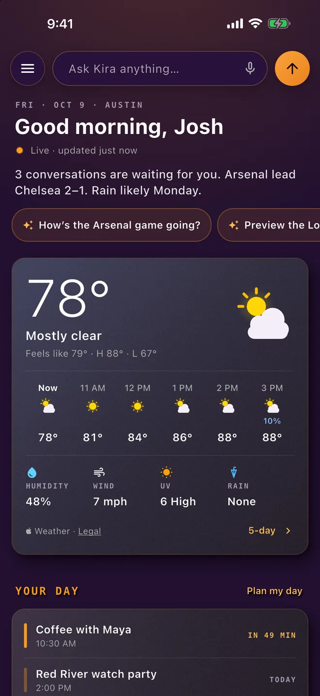 The ToastyAI Home page: an Ask Kira bar at the top, Good morning, Josh, a one-line summary of the morning, questions ready to ask, and the weather for Austin